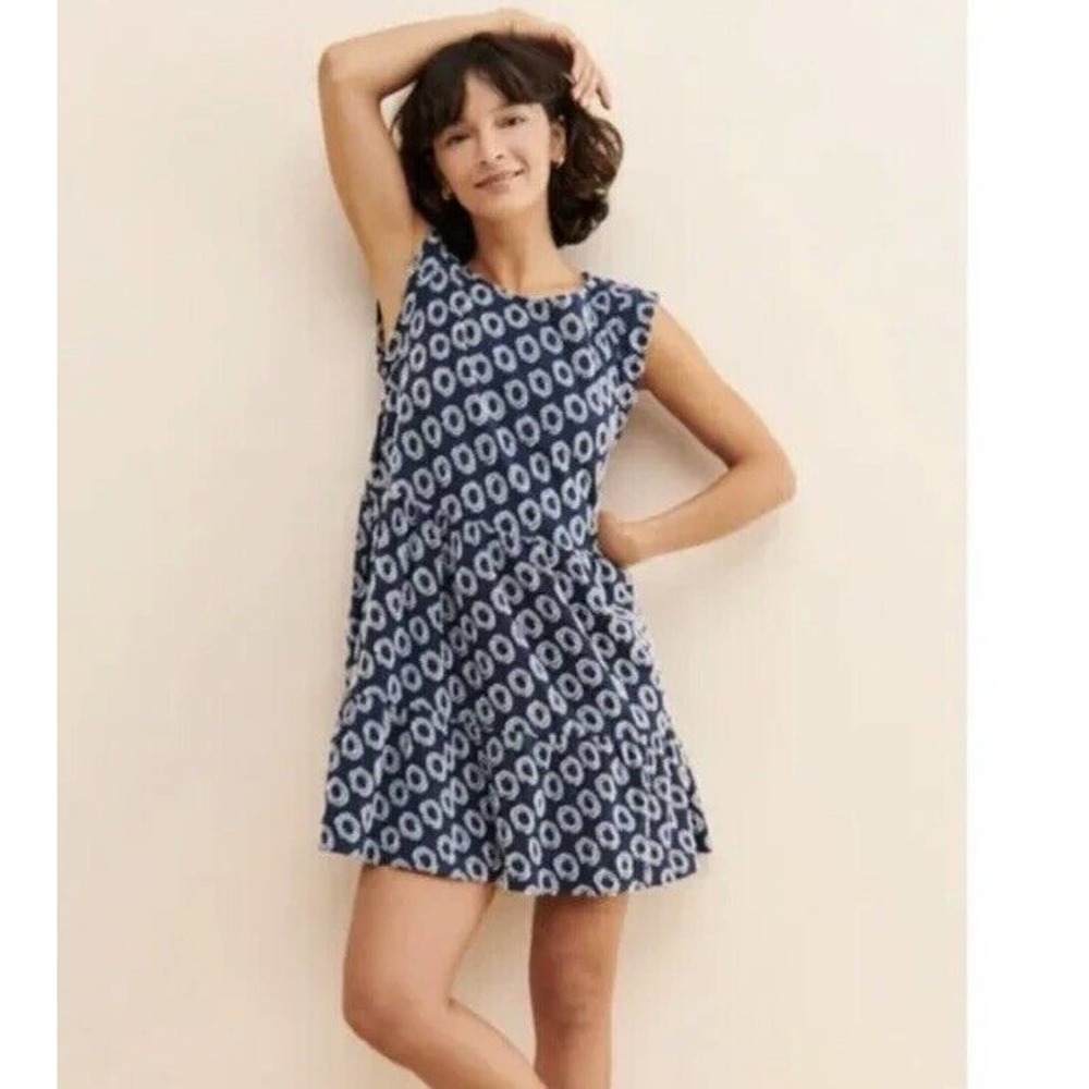 Maeve Lisanne Textured Tunic Dress Small Blue White Short Sleeve Dress